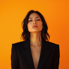 Elegant woman in black blazer posing against bright orange background