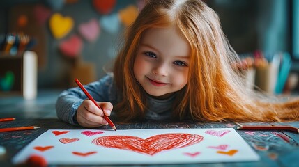 Fototapeta premium Girl drawing on a Valentine's Day card.