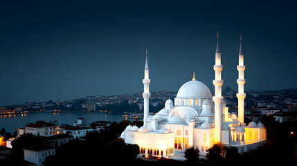 Obraz premium Illuminated mosque at night overlooking city and water.