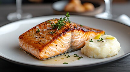 Salmon fillet with mashed potatoes on plate for meal prep or recipe blog post