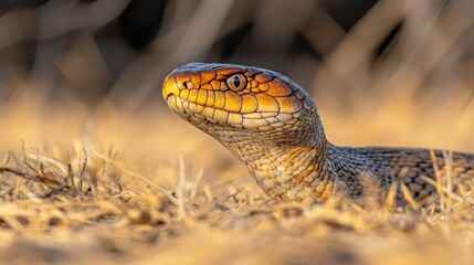 Fototapeta premium Snake head, sunlit grassland, alert, wildlife, nature