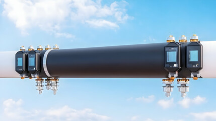 Industrial pipeline with multiple sensors and meters mounted, against a bright blue sky with fluffy clouds.