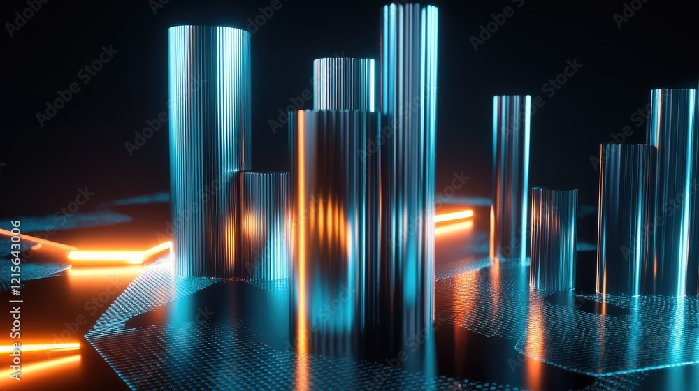 Poster a d bar graph with metallic bars representing financial growth, set against a dark background with g