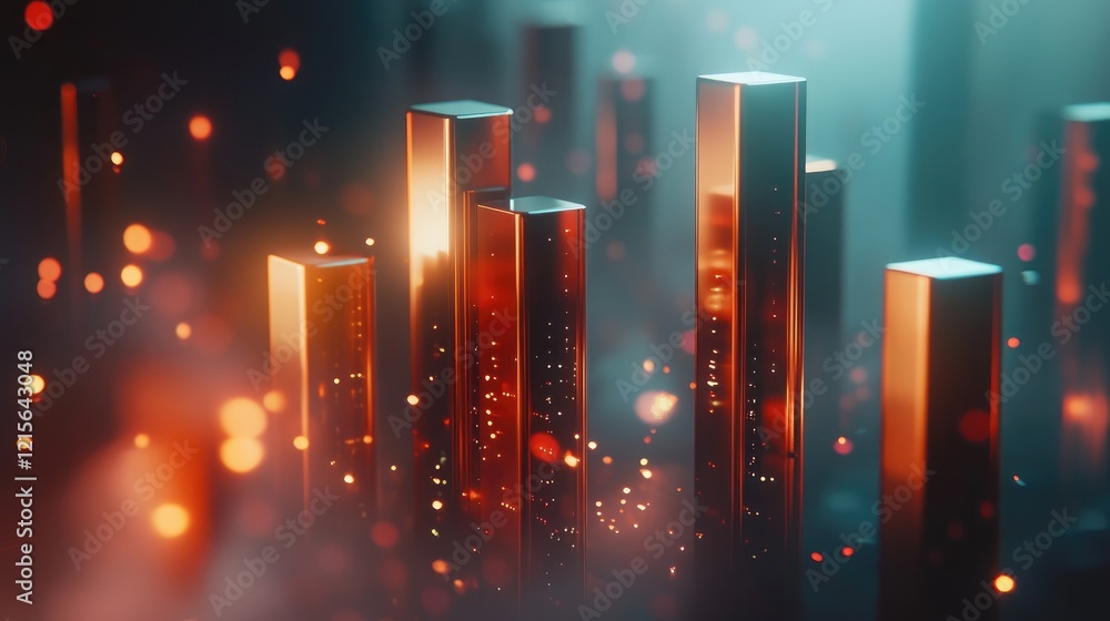 Poster a d bar graph with metallic bars representing financial growth, set against a dark background with g