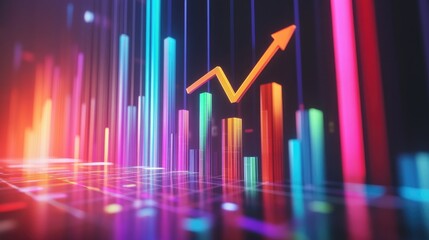 A D financial bar graph with colorful, rising bars and an arrow pointing upward, symbolizing business growth and success, set against a sleek, digital background.