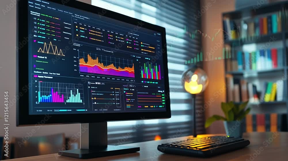 Poster colorful graphs and statistics are displayed on a computer screen in a modern office, illuminated by