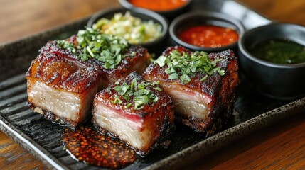 A beautifully arranged plate of crispy pork belly, garnished with fresh herbs and served alongside dipping sauces, showcasing the rich textures and flavors of this delicious dish.