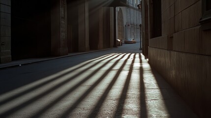 Shadows of a nearby structure stretch across a quiet, empty street, creating a striking play of light and architectural lines.