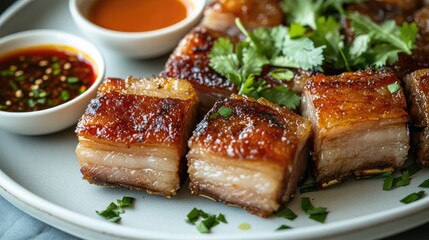 A beautifully arranged plate of crispy pork belly, garnished with fresh herbs and served alongside dipping sauces, showcasing the rich textures and flavors of this delicious dish.