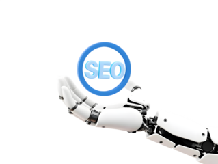 Robotic Hand Holding SEO Icon on Black Background