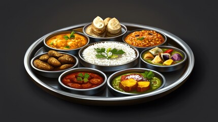 A beautifully plated thali with various Indian dishes, including curries, rice, and sweets, arranged on a stainless steel platter, showcasing the diversity of flavors and textures.