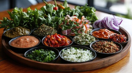 Fototapeta premium A beautifully styled platter featuring a selection of chili sauces, spices, and fresh herbs, perfect for a gourmet dining experience and showcasing vibrant culinary ingredients.