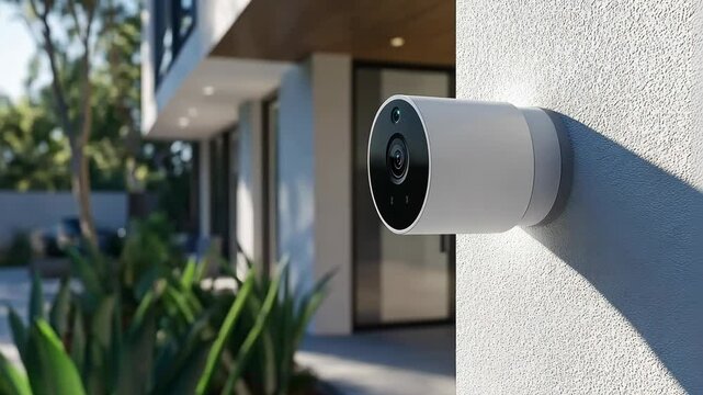 Outdoor security camera mounted on the wall of a modern home beside lush greenery during daylight