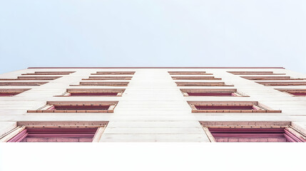 Low angle view of a building with pink windows against a light blue sky.