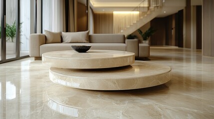Modern living room with round marble tables, sofa, staircase background