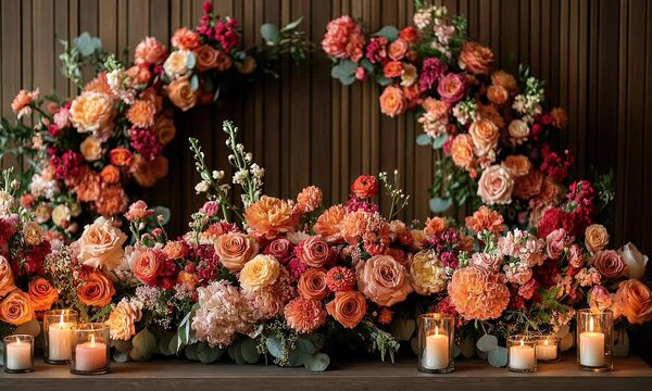 A vibrant floral arrangement with candles, creating a warm, inviting atmosphere.