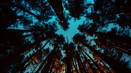 Obraz premium Low angle view of tall trees against a twilight sky.