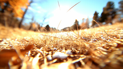 Low-angle close-up of dry grass with scattered snow, sunlight.