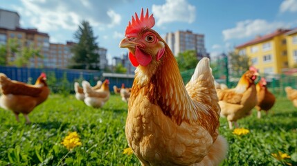 Close-up of a vibrant hen in a sunny field with other chickens and urban buildings in the background
