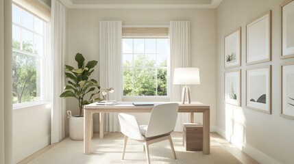 A bright and airy home office in a minimalist style, featuring a simple desk, ergonomic chair, and ample natural light, fostering productivity in a clutter-free environment.