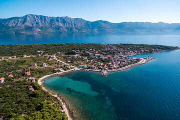 Scenic Aerial View of Sucuraj Town on Hvar Island, Southern Croatia. Pristine Beaches,...