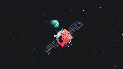 Fototapeta premium Low-poly satellite orbiting Earth in space.