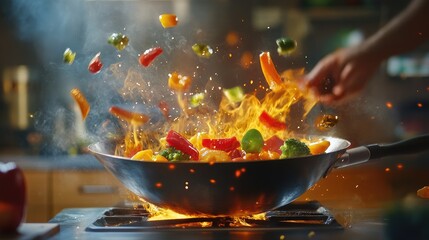 A chef skillfully flipping vegetables in a hot wok, flames dancing as the ingredients stir-fry, showcasing the energy and excitement of cooking in a vibrant kitchen.