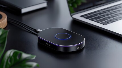 Sleek tech hub on desk, laptop nearby, plant in corner