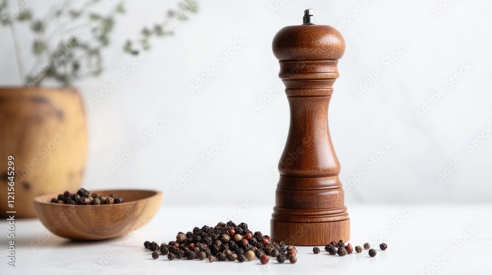 Poster a clean, minimalistic image of a pepper mill with whole peppercorns and ground pepper displayed on a