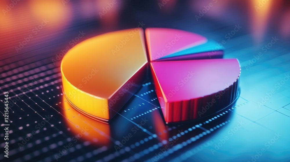 Poster a close-up of a d pie chart with gradient colors, showcasing financial statistics, with each slice s