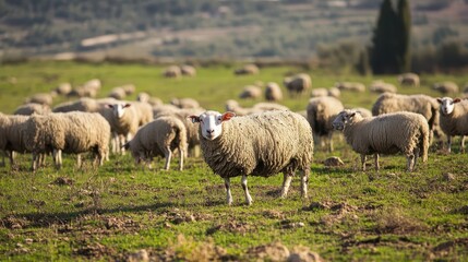 Obraz premium Herd of sheep grazing in a lush green pasture