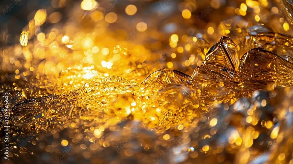 Poster golden bokeh effect lights up melting ice, creating stunning abstract shapes and textures, ideal for