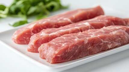 Fototapeta premium A close-up of a fresh pork tenderloin displayed on a white plate, with a clean, white background highlighting its vibrant color and texture.