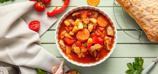 Bowl of tasty beef stew and ingredients on green wooden background
