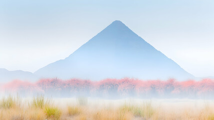 Naklejka premium Misty morning landscape with a lone mountain and flowering trees in the foreground.