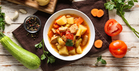 Bowl with delicious beef stew and ingredients on white wooden background