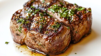 A close-up of a succulent piece of grilled lamb with herbs and spices, placed on a white plate, emphasizing the flavors and presentation of fine dining.