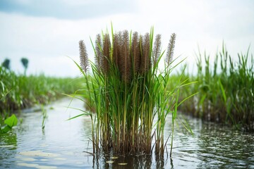 Fototapeta premium Arundo donax thriving along a riverbank in a tranquil natural setting with lush greenery and calm waters reflecting the sky
