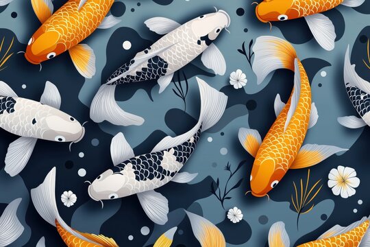 Hand drawn koi fish seamless pattern for elegant greeting cards and invitations inspired by Japanese art