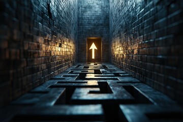Discovering the path through the labyrinth with an arrow guiding to the exit on a blue background in a digital 3D rendering