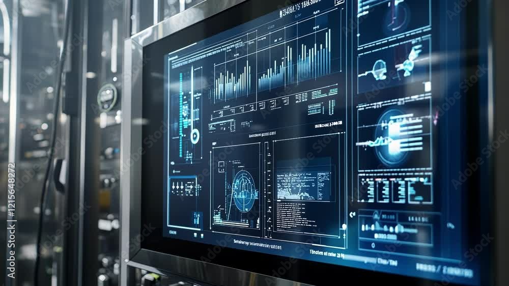 Poster futuristic screen displaying complex data analysis and statistics in a modern industrial environment