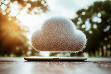 Abstract cloud computing concept over a meadow landscape with glowing connections representing financial technology and innovation