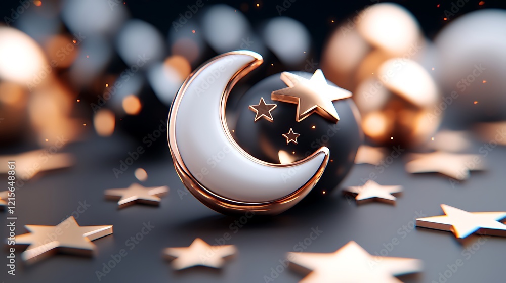 Poster 3d render of crescent moon and stars on dark background with bokeh effect.