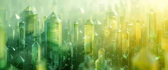 Fototapeta premium Abstract green crystalline structures resemble a city skyline. Soft pastel yellow-green gradient background. Professional architectural color palette evokes business suit textures.