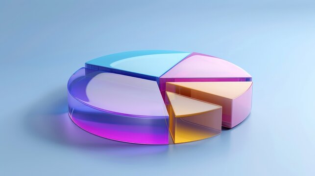 A Glassmorphism-style pie chart with 6 transparent segments, blurred background, and clear labels. Futuristic, professional design for financial reports.