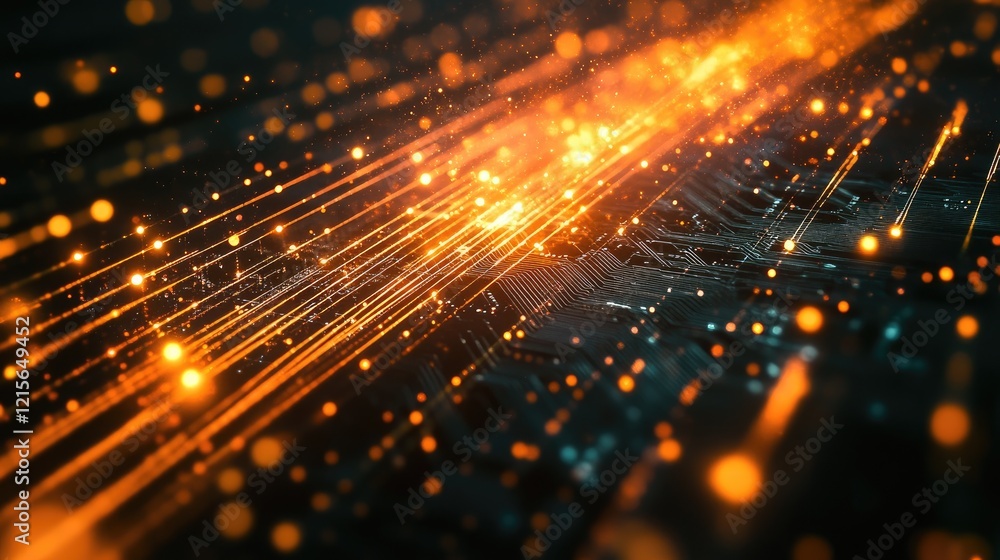 Poster a close-up shot of a glowing microchip with digital lines extending outward, symbolizing the core of