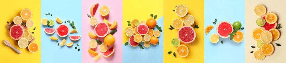 Set of different citrus fruits on color background, top view