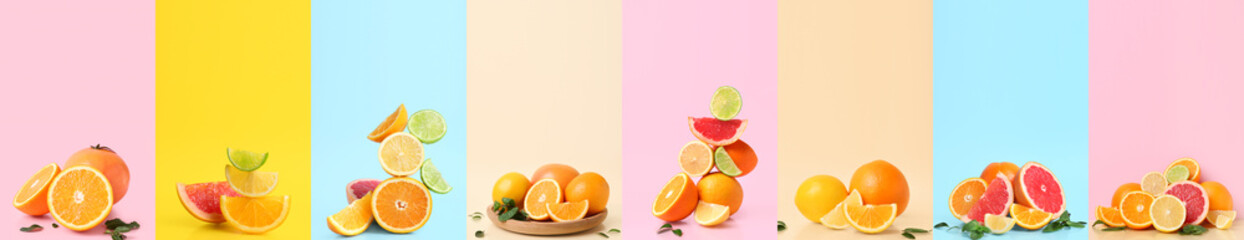 Set of different citrus fruits on color background