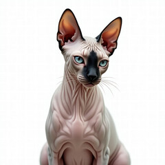Fototapeta premium A regal Sphynx cat with striking blue eyes sits poised on a white surface, exuding an air of sophisticated curiosity and otherworldly charm
