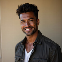 Obraz premium A handsome man with dark hair and a jacket smiles confidently, radiating approachability and casual charm